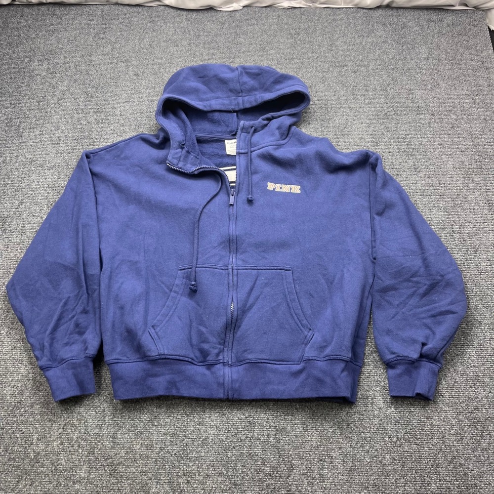 PINK Victoria's Secret Full Zip Logo Hoodie Blue Graphic Sweatshirt